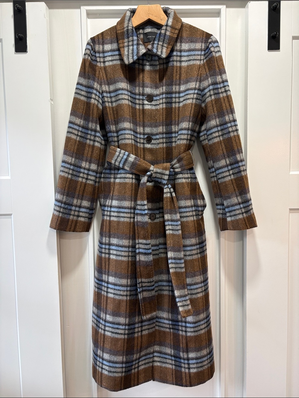 Ann Taylor Brown & Blue Brushed Plaid Belted Long Coat Size Medium